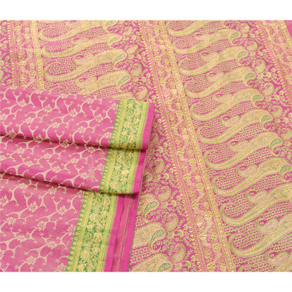 Sanskriti Vintage Pink Heavy Saree Pure Satin Silk Woven Brocade Sustainable Fabric Sari