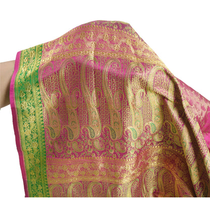Sanskriti Vintage Pink Heavy Saree Pure Satin Silk Woven Brocade Sustainable Fabric Sari
