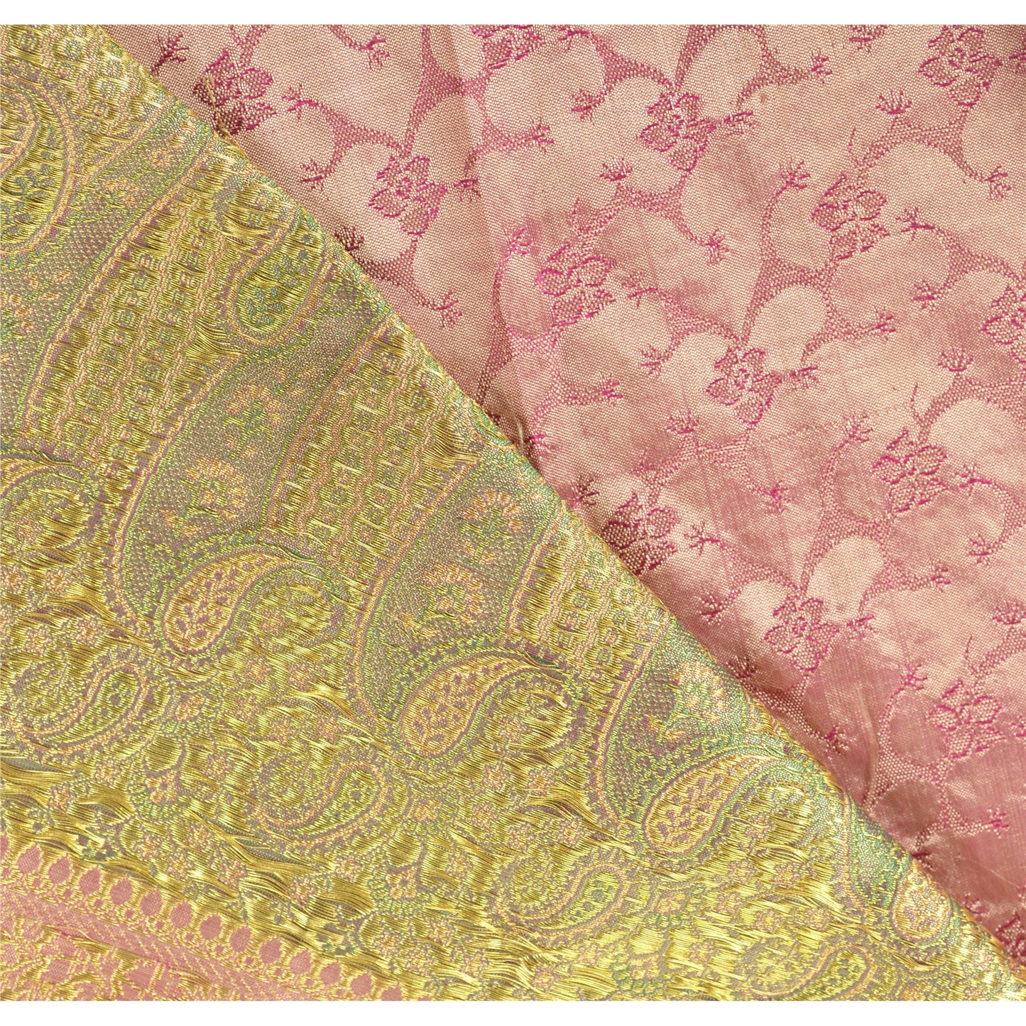 Sanskriti Vintage Pink Heavy Saree Pure Satin Silk Woven Brocade Sustainable Fabric Sari
