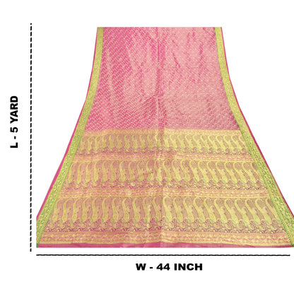 Sanskriti Vintage Pink Heavy Saree Pure Satin Silk Woven Brocade Sustainable Fabric Sari