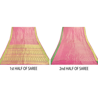 Sanskriti Vintage Pink Heavy Saree Pure Satin Silk Woven Brocade Sustainable Fabric Sari