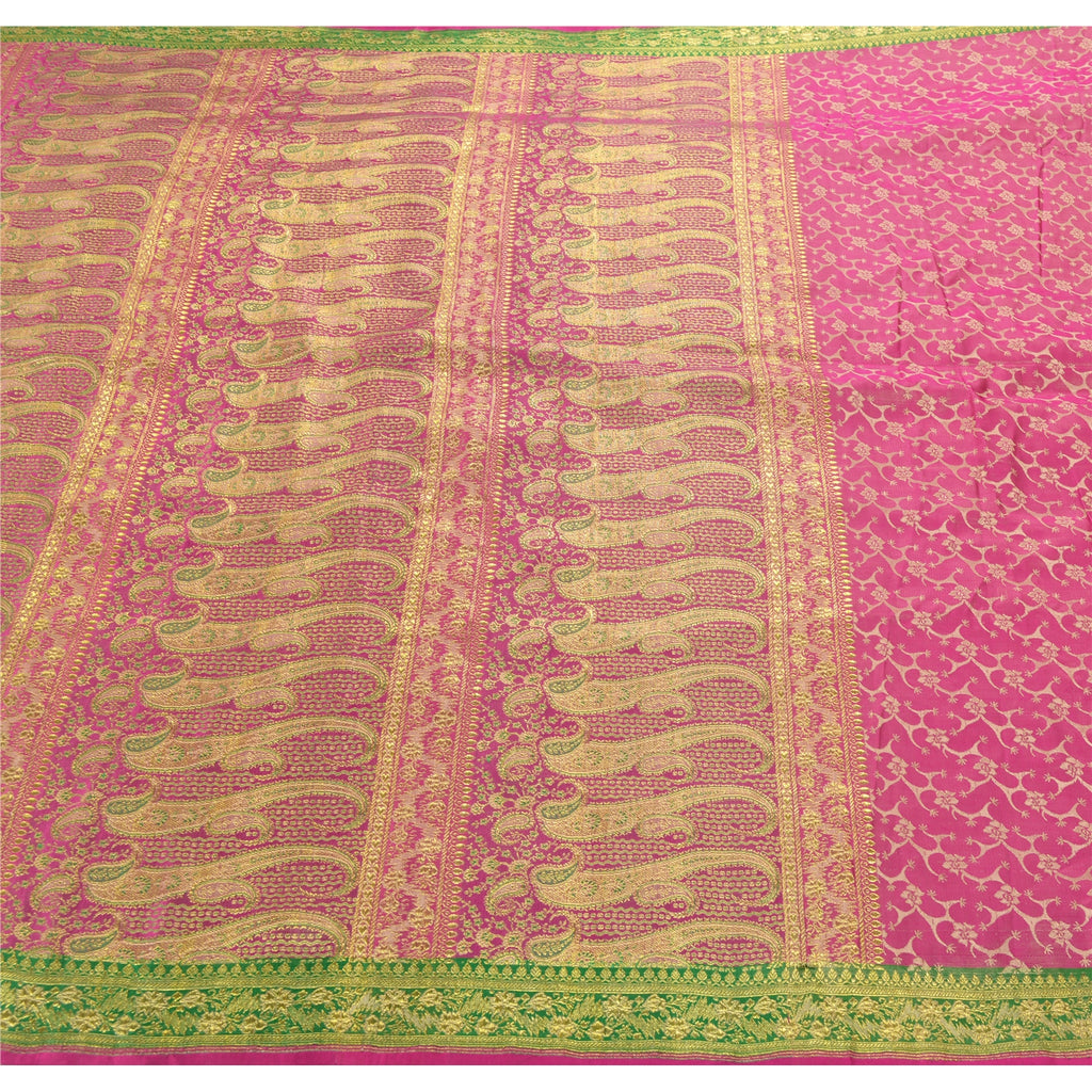 Sanskriti Vintage Pink Heavy Saree Pure Satin Silk Woven Brocade Sustainable Fabric Sari