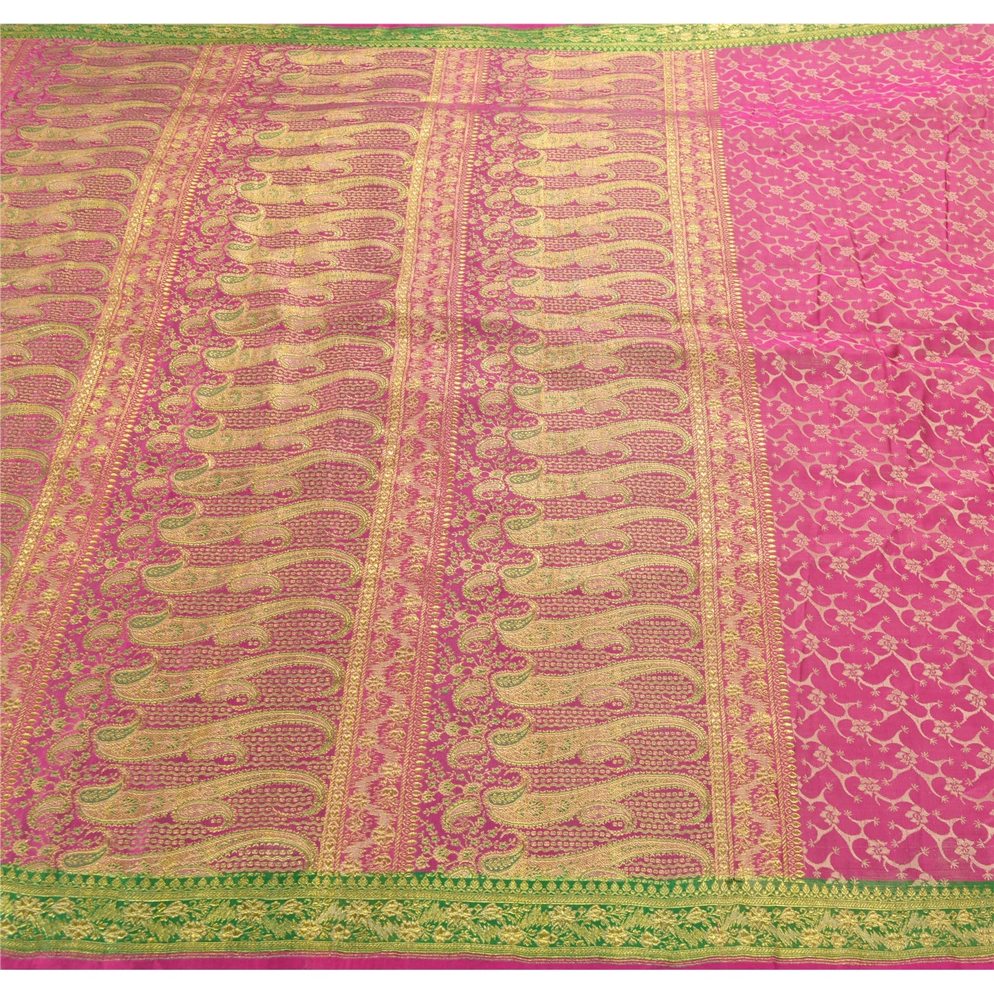 Sanskriti Vintage Pink Heavy Saree Pure Satin Silk Woven Brocade Sustainable Fabric Sari