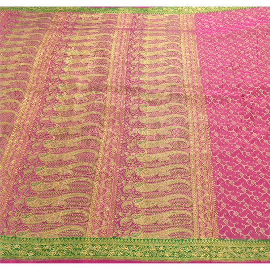Sanskriti Vintage Pink Heavy Saree Pure Satin Silk Woven Brocade Sustainable Fabric Sari