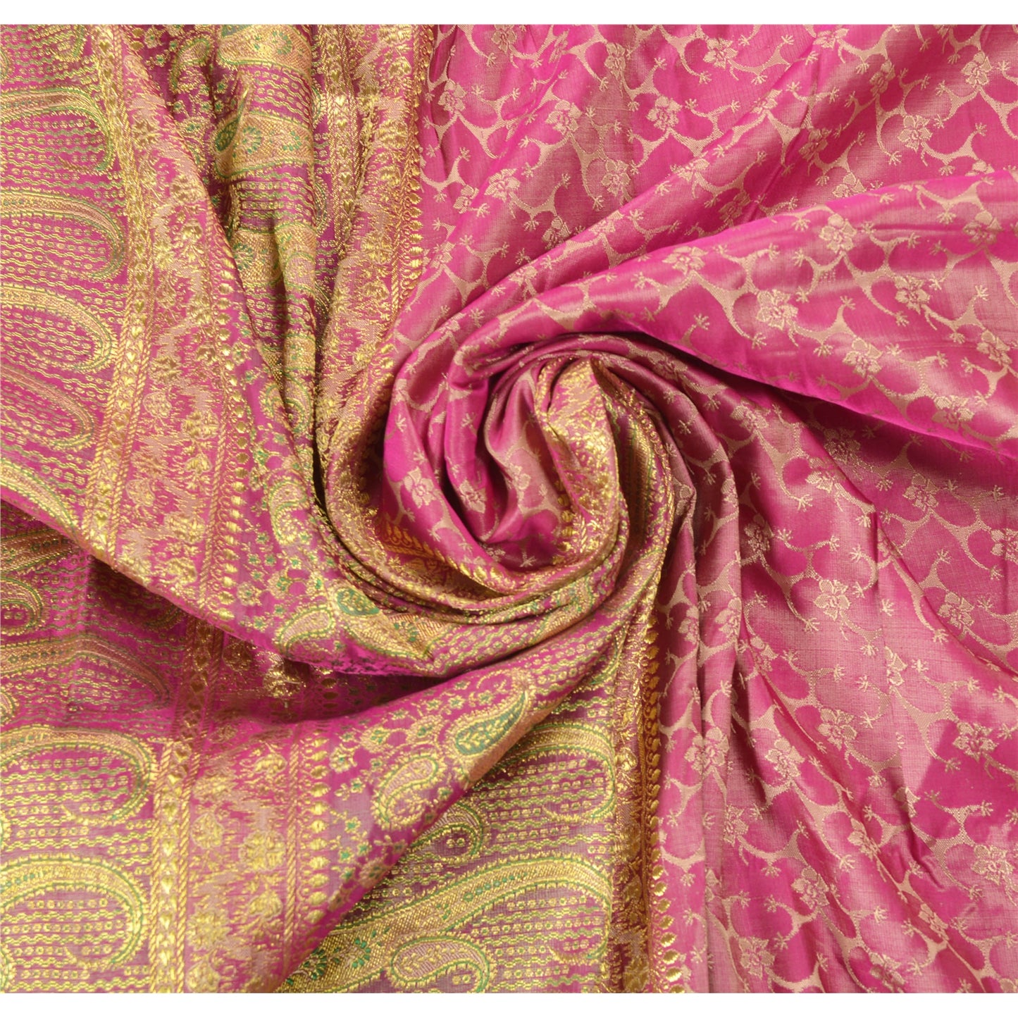 Sanskriti Vintage Pink Heavy Saree Pure Satin Silk Woven Brocade Sustainable Fabric Sari