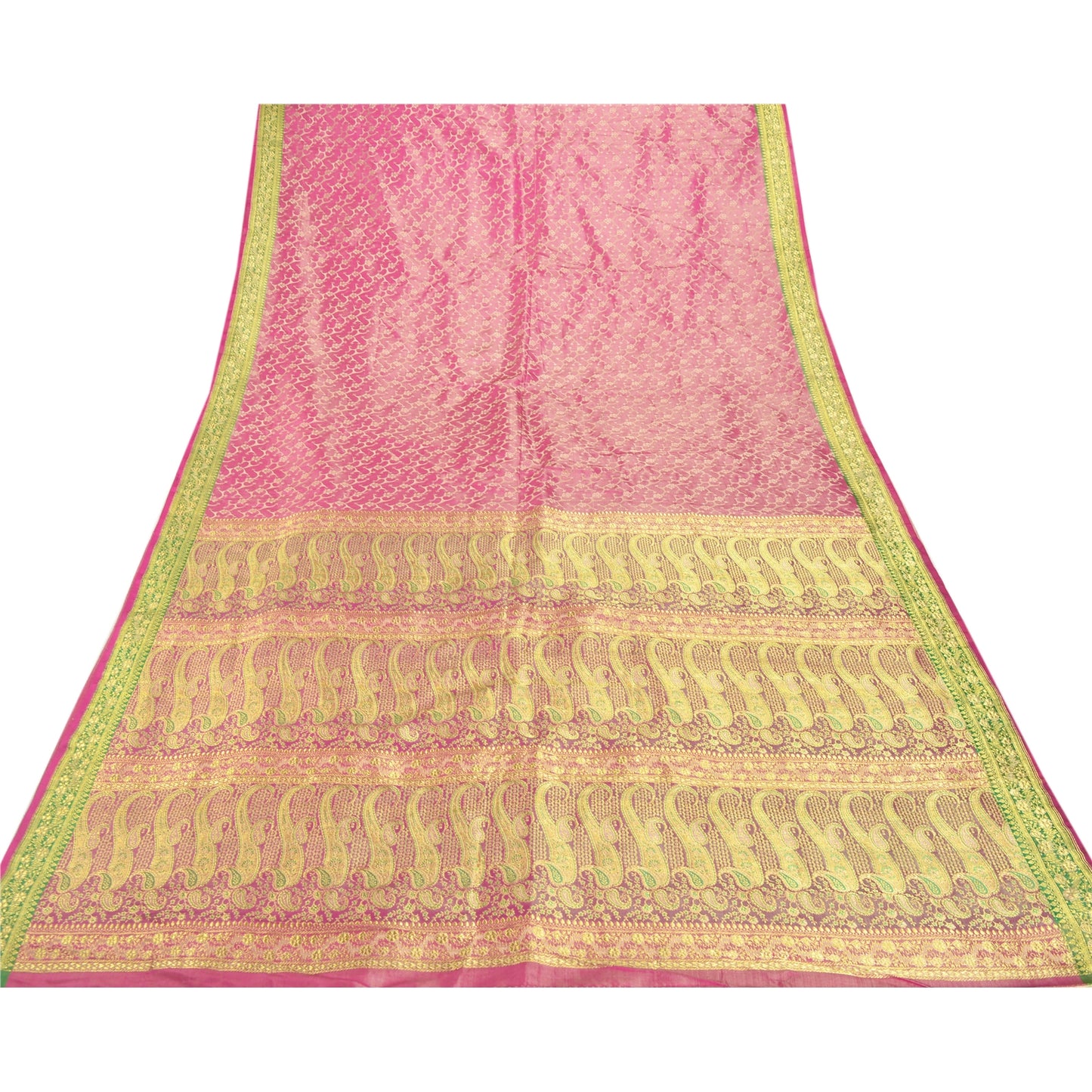 Sanskriti Vintage Pink Heavy Saree Pure Satin Silk Woven Brocade Sustainable Fabric Sari