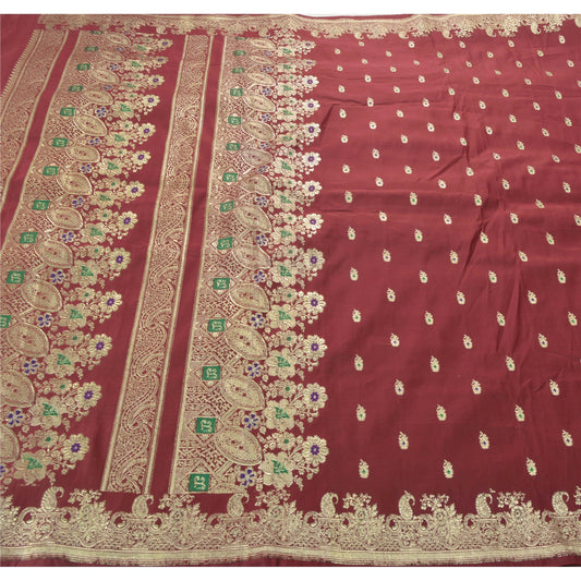 Sanskriti Vintage Dark Red Heavy Saree Satin Woven Brocade/Banarasi Sustainable Fabric Sari