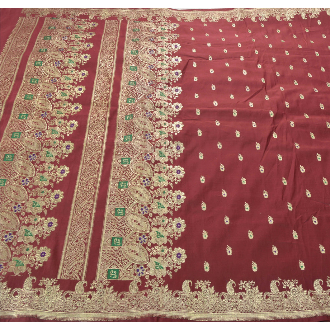 Sanskriti Vintage Dark Red Heavy Saree Satin Woven Brocade/Banarasi Fabric Sari