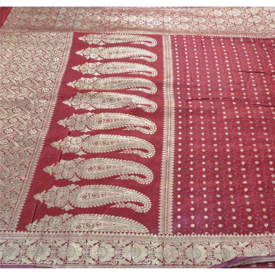 Sanskriti Vintage Purple Heavy Saree Pure Satin Silk Woven Brocade/Banarasi Fabric Sari