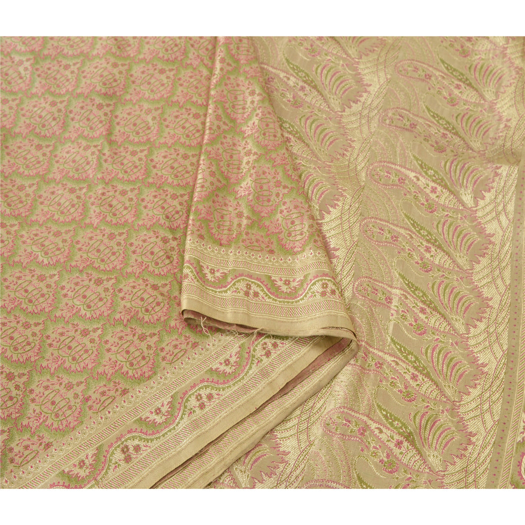 Sanskriti Vintage Heavy Saree Pure Satin Silk Green Brocade/Banarasi Fabric Sari