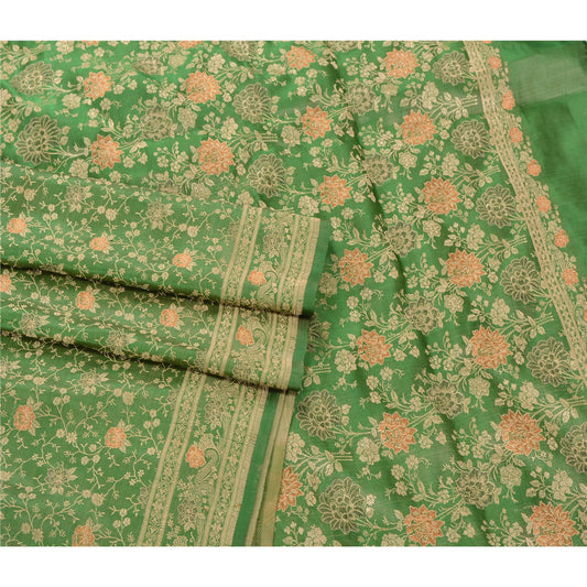 Sanskriti Vintage Saree Indian Pure Satin Silk Fabric Sarees Green Banarasi Dress Meterial Sari Hand Woven Wedding Partywear 5+Yd Craft