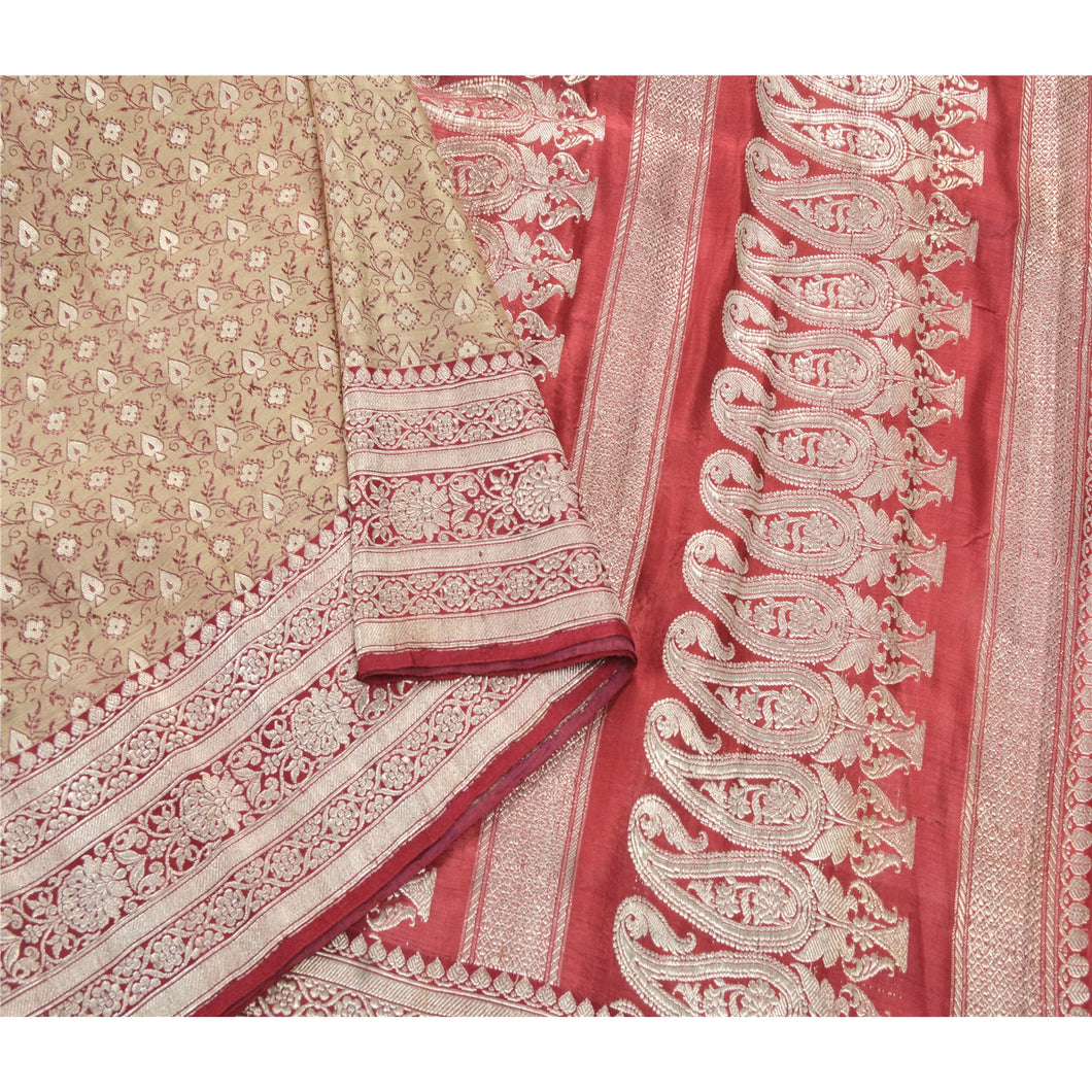 Sanskriti Vintage Heavy Saree Pure Satin Silk Traditional Brocade Fabric Sari