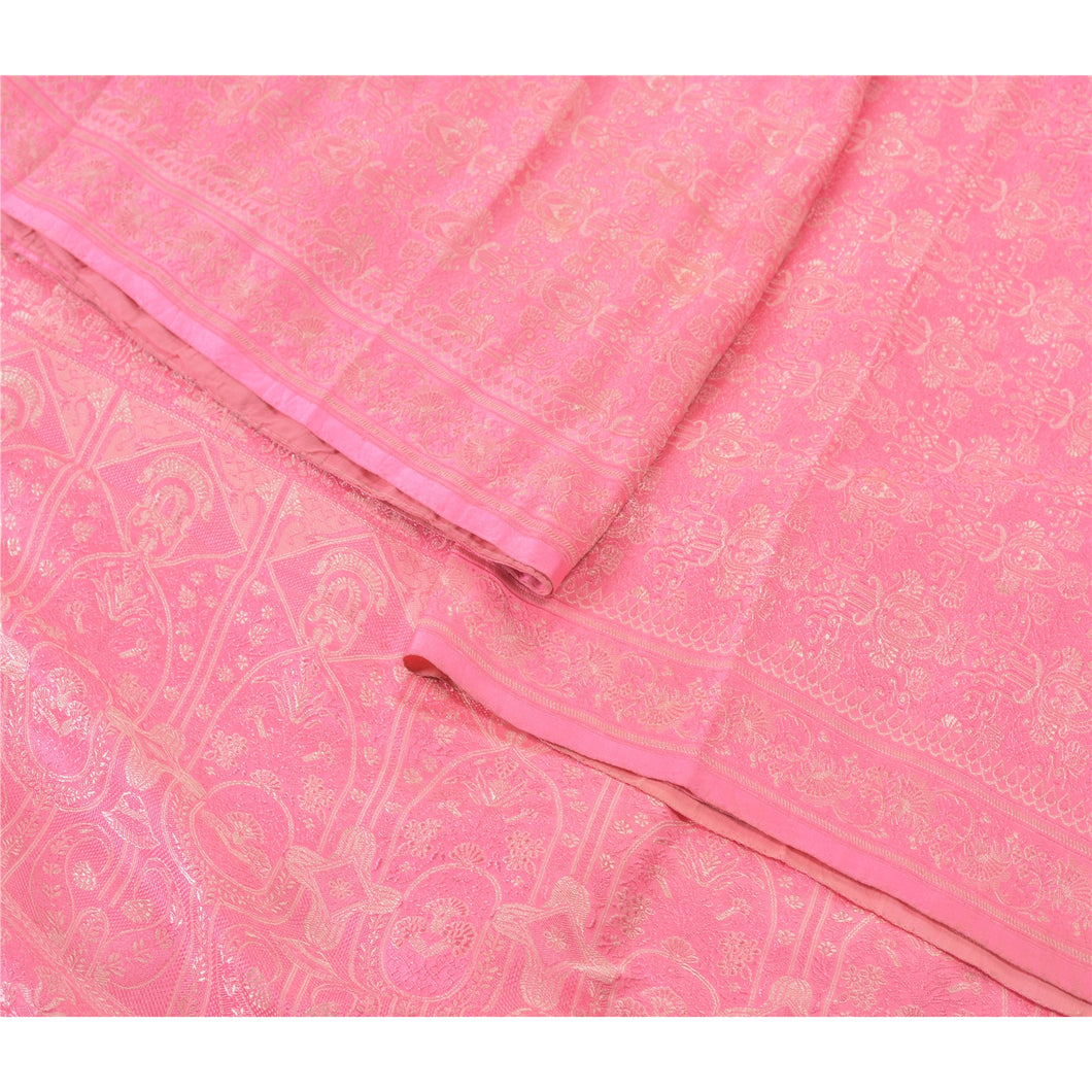 Sanskriti Vintage Traditional Heavy Saree Pure Satin Silk Pink Woven Fabric Sari