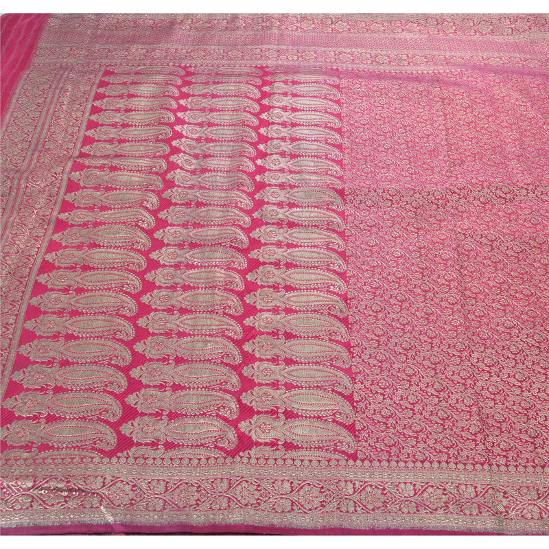Sanskriti Vintage Heavy Saree Art Silk Pink Woven Brocade Sustainable Fabric Sari