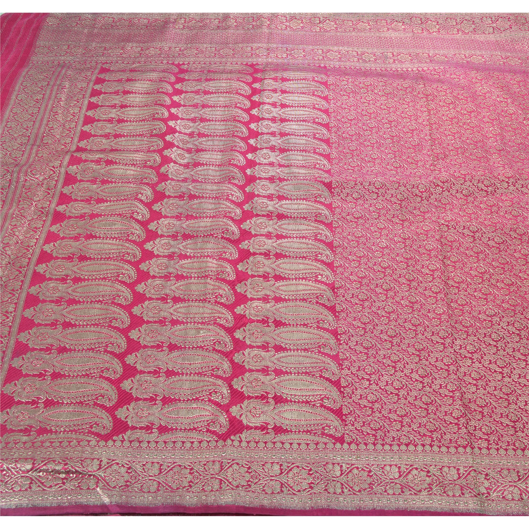 Sanskriti Vintage Heavy Saree Art Silk Pink Woven Brocade Fabric Sari