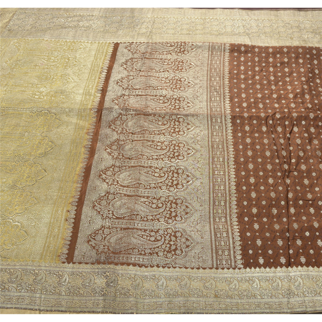 Sanskriti Vintage Heavy Brown Saree Pure Silk Woven Brocade Zari Sari Fabric