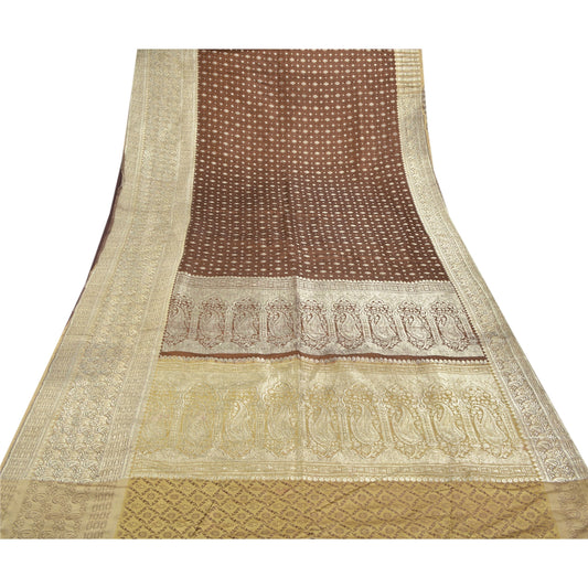 Sanskriti Vintage Heavy Brown Saree Pure Silk Woven Brocade Zari Sari Sustainable Fabric