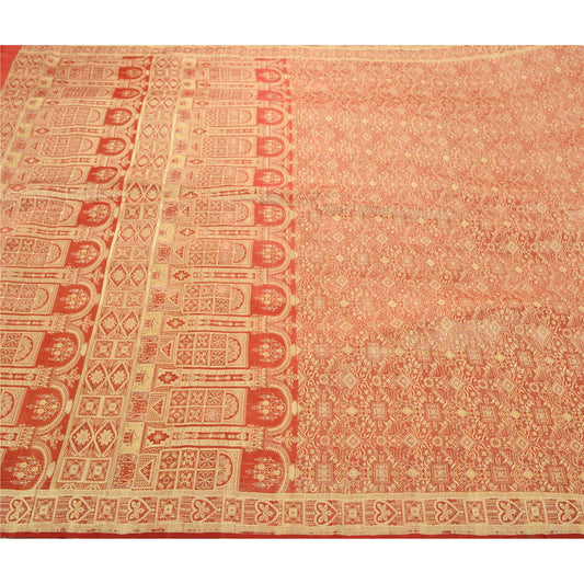 Sanskriti Vintage Heavy Wedding Sari Pure Satin Silk Orange Woven Sarees Sustainable Fabric