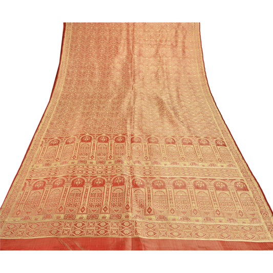 Sanskriti Vintage Heavy Wedding Sari Pure Satin Silk Orange Woven Sarees Sustainable Fabric