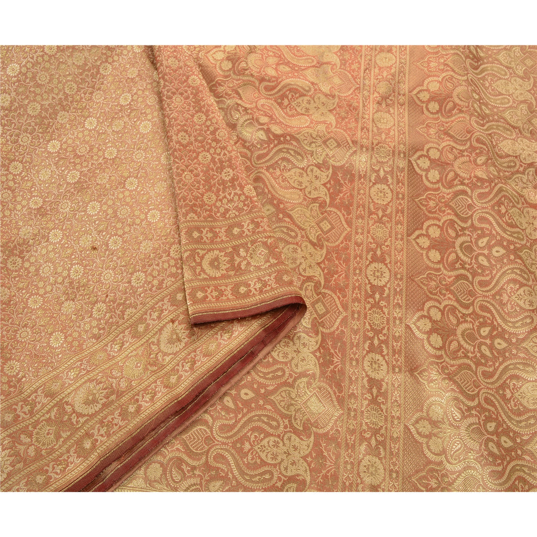 Sanskriti Vintage Heavy Wedding Sari Satin Pink Woven Brocade Sarees Fabric