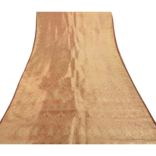 Sanskriti Vintage Heavy Wedding Sari Satin Pink Banarasi Woven Brocade Sarees Sustainable Fabric