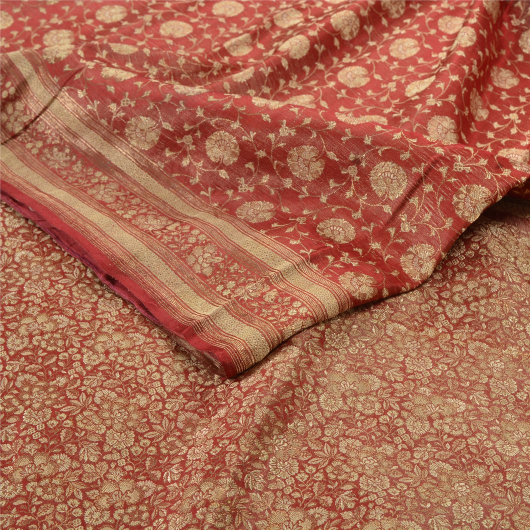 Sanskriti Vintage Heavy Indian Sari 100% Pure Satin Silk Red Woven Sarees Fabric