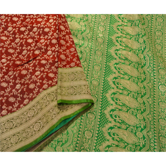 Sanskriti Vintage Saree Red & Green Sarees Blend Silk Banarasi/Brocade Fabric Sari Zari Hand Woven Wedding Partywear 5+Yd Craft Fabric