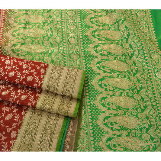 Sanskriti Vintage Saree Red & Green Sarees Blend Silk Banarasi/Brocade Fabric Sari Zari Hand Woven Wedding Partywear 5+Yd Craft Fabric