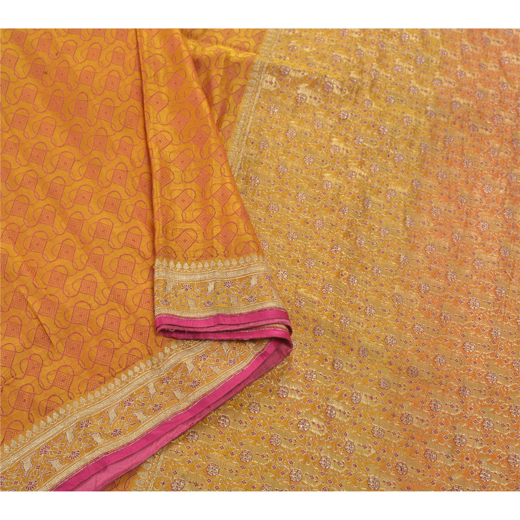 Sanskriti Vintage Heavy Sarees Pure Satin Silk Saffron Woven Brocade Sari Fabric