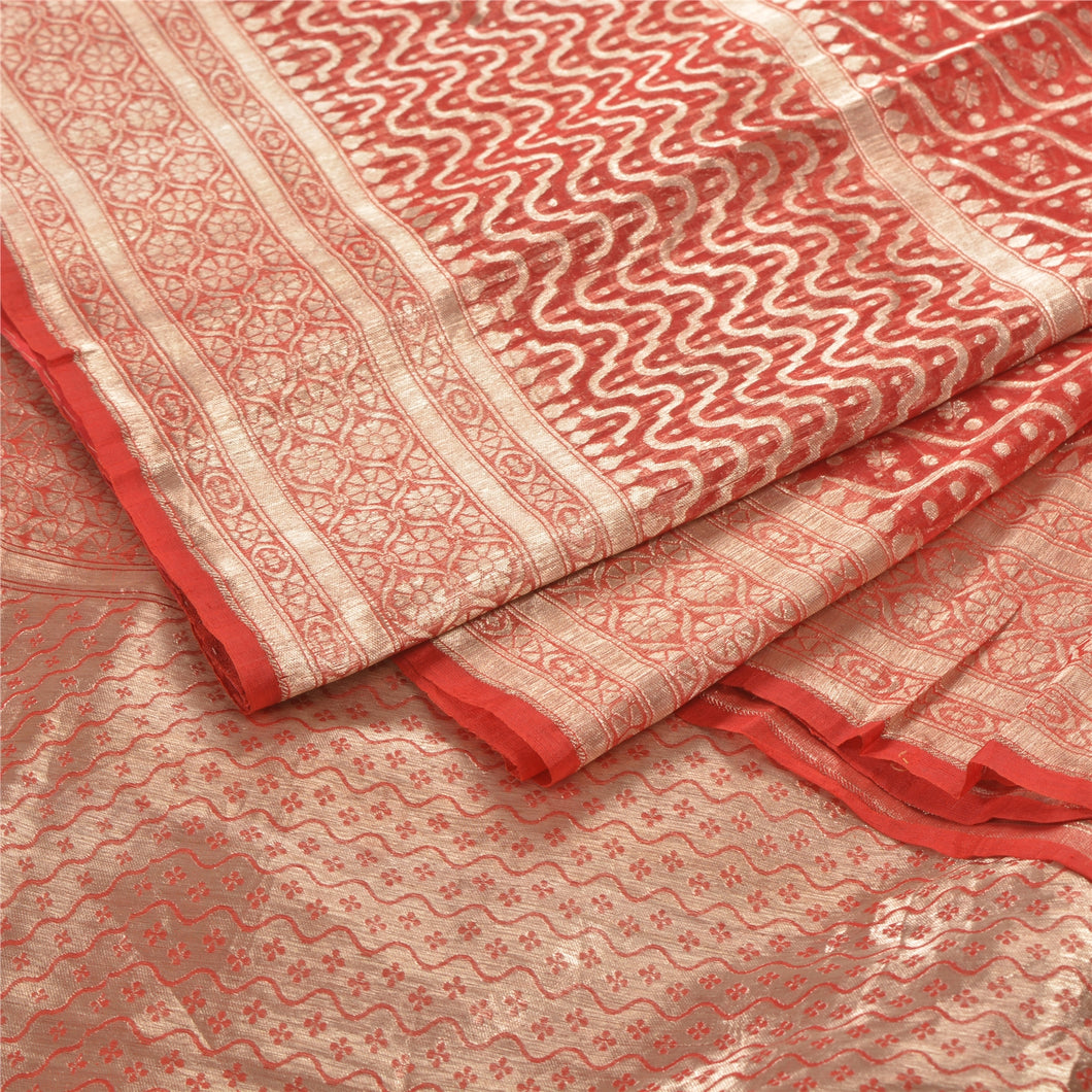 Sanskriti Vintage Heavy Orange Sari Pure Organza Silk Woven Brocade Saree Fabric