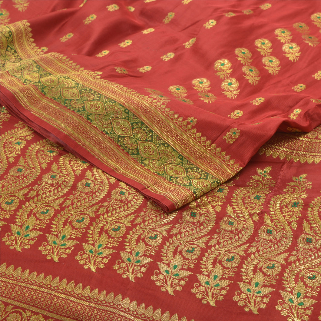Sanskriti Vintage Heavy Red Sari Pure Satin Silk Woven Brocade Sarees Fabric