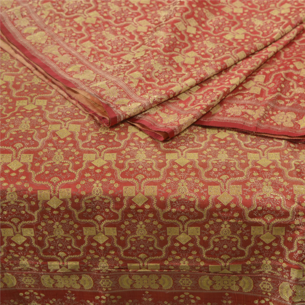 Sanskriti Vintage Red Heavy Sarees Pure Satin Silk Woven Brocade Sari Fabric