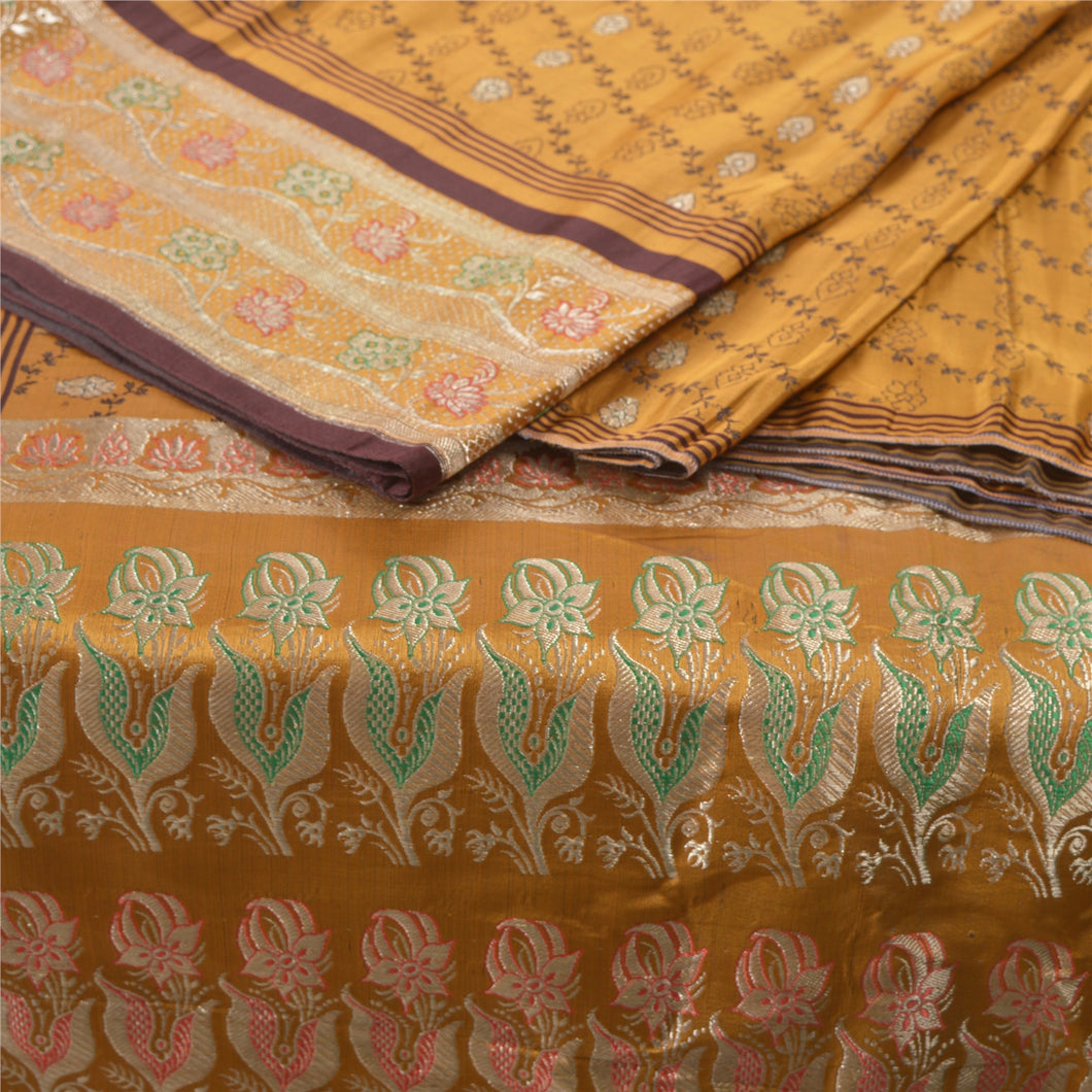 Sanskriti Vintage Mustard Heavy Sarees Pure Satin Silk Woven Brocade Sari Fabric
