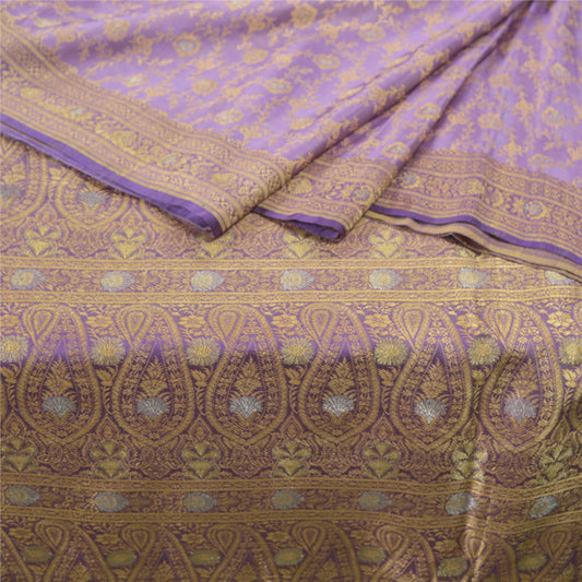 Санскрити Винтаж Фиолетовый Тяжелый Индийский Сари Чистый Атлас Шелк Тканые Сари Экологичная Ткань