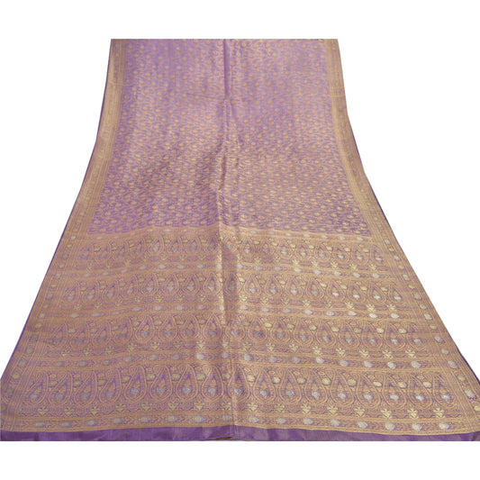Санскрити Винтаж Фиолетовый Тяжелый Индийский Сари Чистый Атлас Шелк Тканые Сари Экологичная Ткань