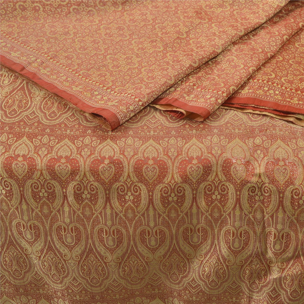 Sanskriti Vintage Brown Heavy Wedding Sari Pure Satin Silk Woven Sarees Fabric