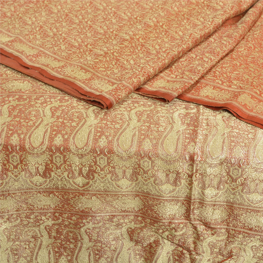 Sanskriti Vintage Brown Heavy Sarees Pure Satin Silk Woven Brocade Sari Fabric