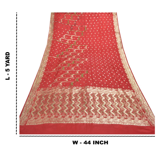 Sanskriti Vintage Red Banarasi Brocade Sari: Handwoven Satin Silk India Fabric, Zari Embroidery (5yd Craft Fabric) Upcycled Remnant Silk Fabric
