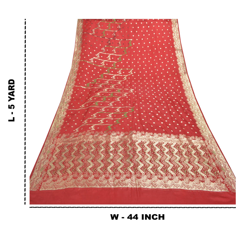 Sanskriti Vintage Red Banarasi Brocade Sari: Handwoven Satin Silk India Fabric, Zari Embroidery (5yd Craft Fabric) Upcycled Remnant Silk Fabric