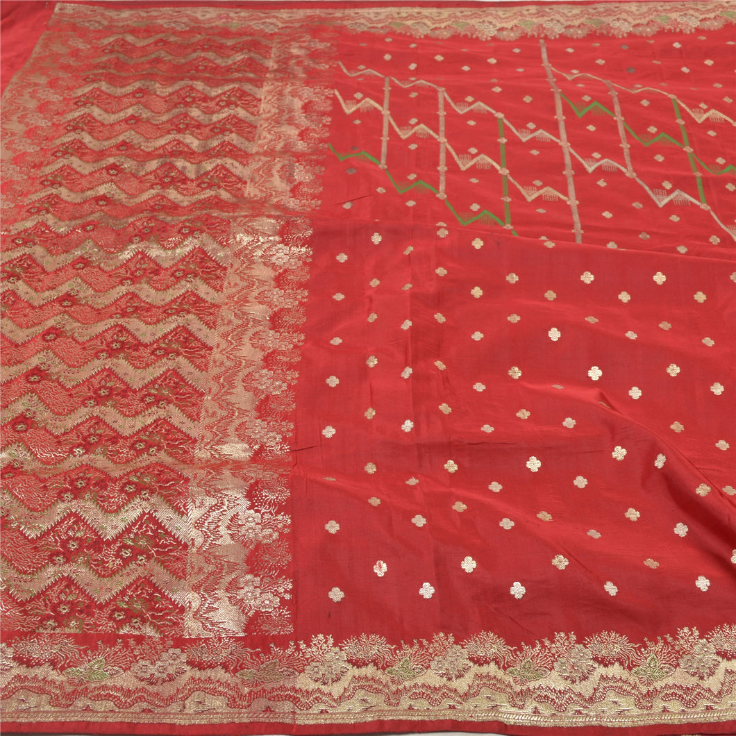 Sanskriti Vintage Red Heavy Sarees Pure Satin Silk Woven Brocade Sari Fabric