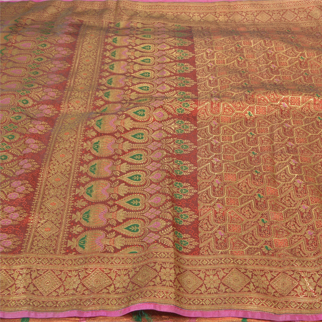Sanskriti Vintage Dark Orange Heavy Sarees Blend Silk Woven Brocade Sari Fabric