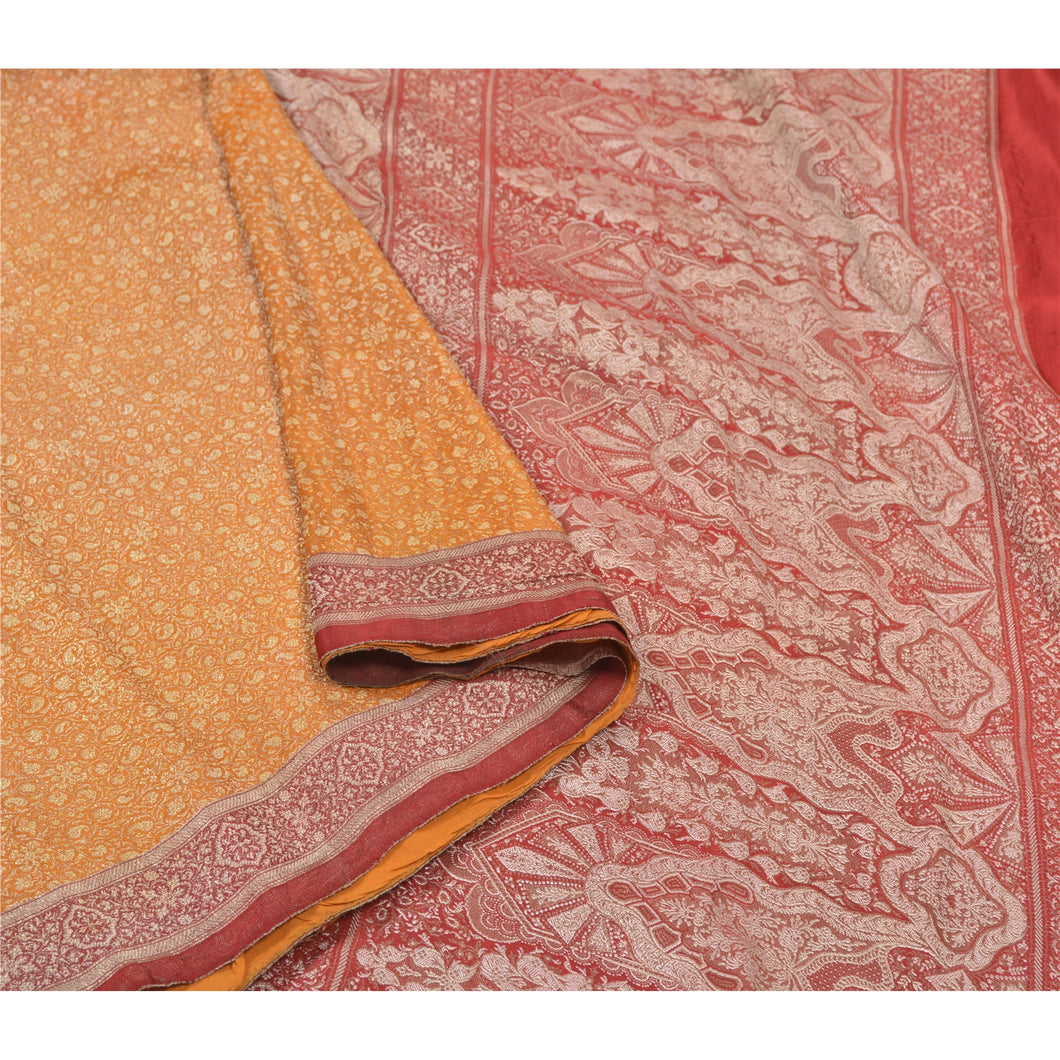 Sanskriti Vintage Saffron Heavy Sarees 100% Pure Satin Silk Woven Sari Fabric