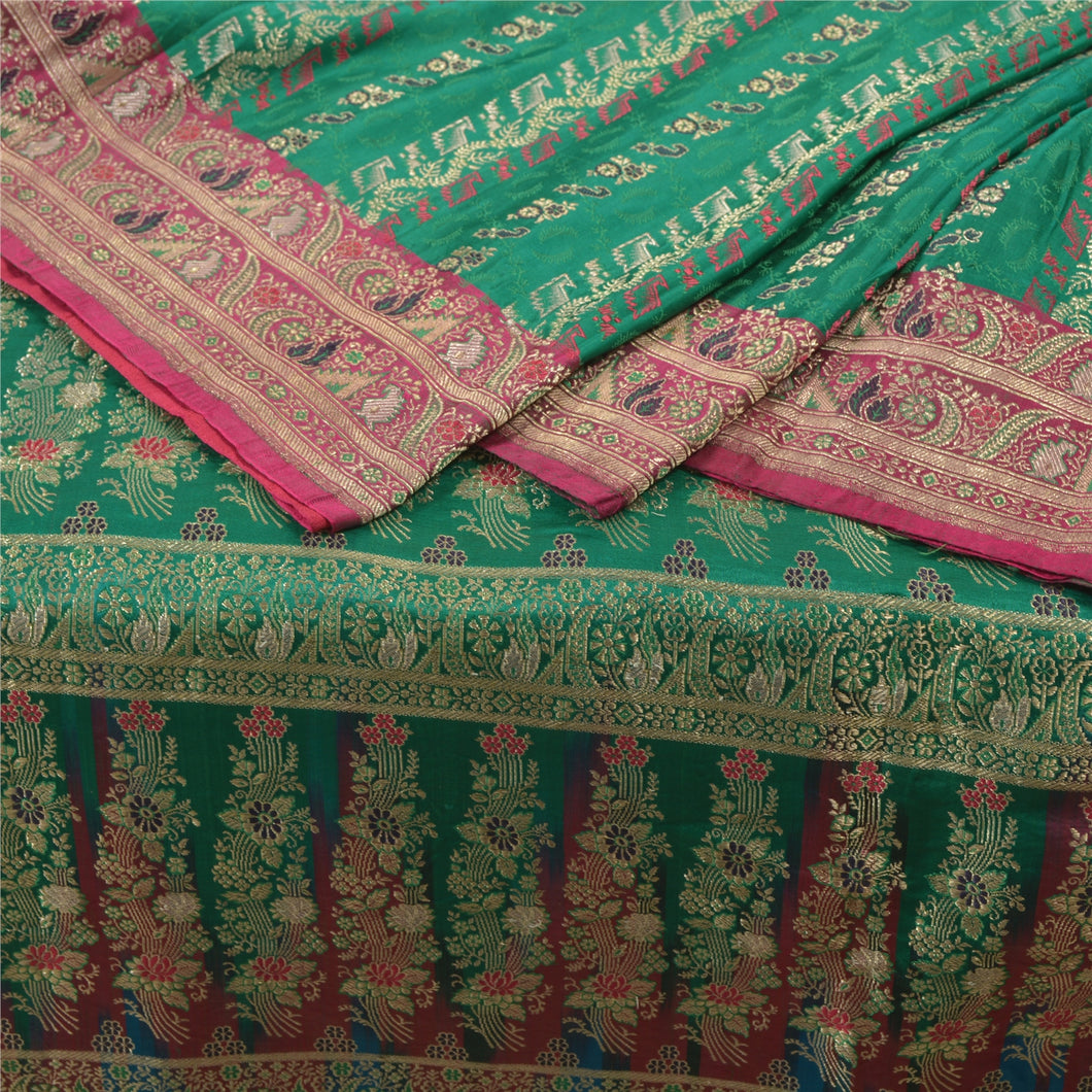 Sanskriti Vintage Green Heavy Sarees Pure Satin Silk Woven Brocade Sari Fabric