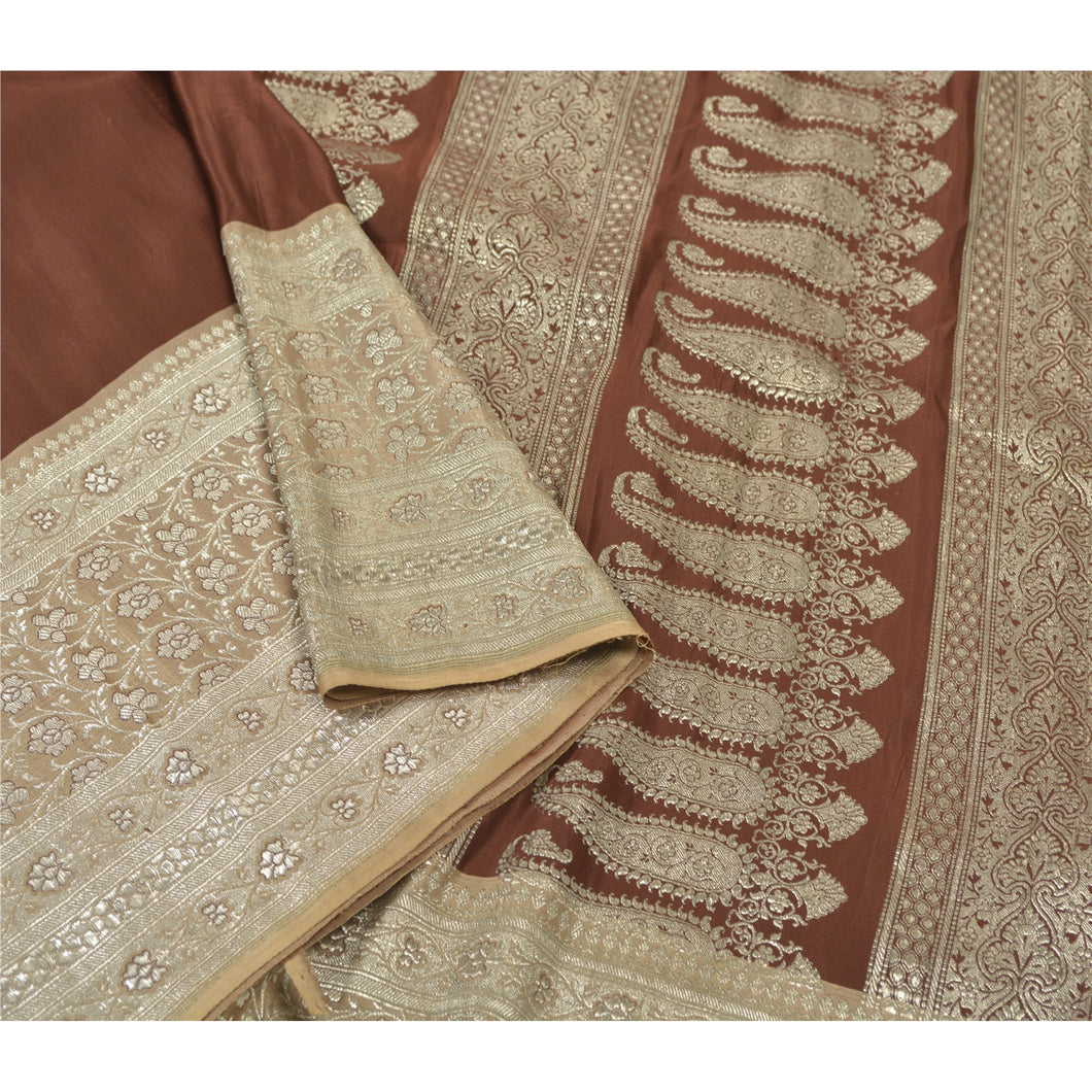 Sanskriti Vintage Brown Heavy Sari Banarasi Brocade Zari Pure Satin Silk Sarees