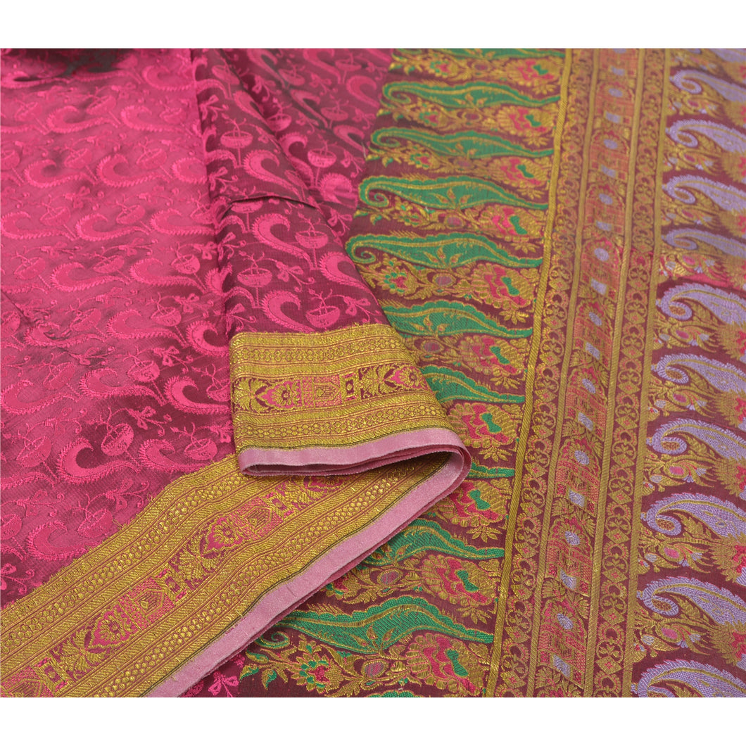 Sanskriti Vintage Heavy Pink Blend Silk Saree Woven Brocade Fabric Sari