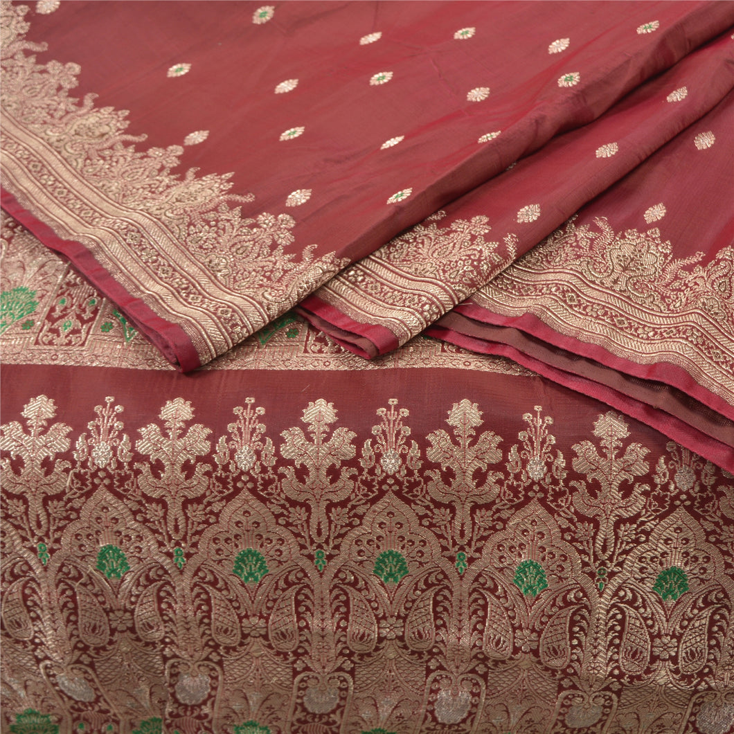 Sanskriti Vintage Dark Red Heavy Sarees Satin Silk Woven Brocade Sari Fabric