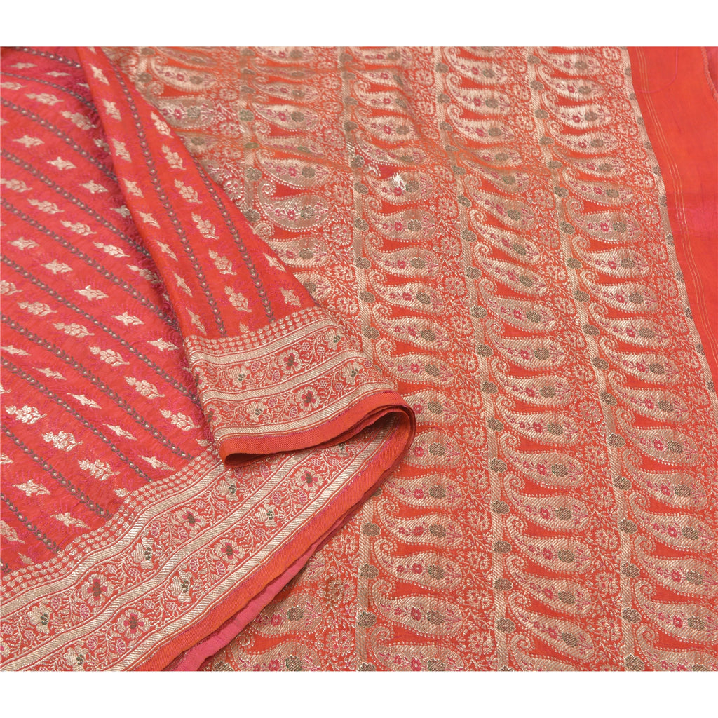 Sanskriti Vintage Heavy Sarees Pure Satin Silke Red Banarasi Tanchoi Sari Bæredygtigt stof