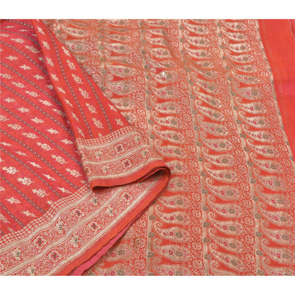 Sanskriti Vintage Heavy Sarees Pure Satin Silke Red Banarasi Tanchoi Sari Bæredygtigt stof