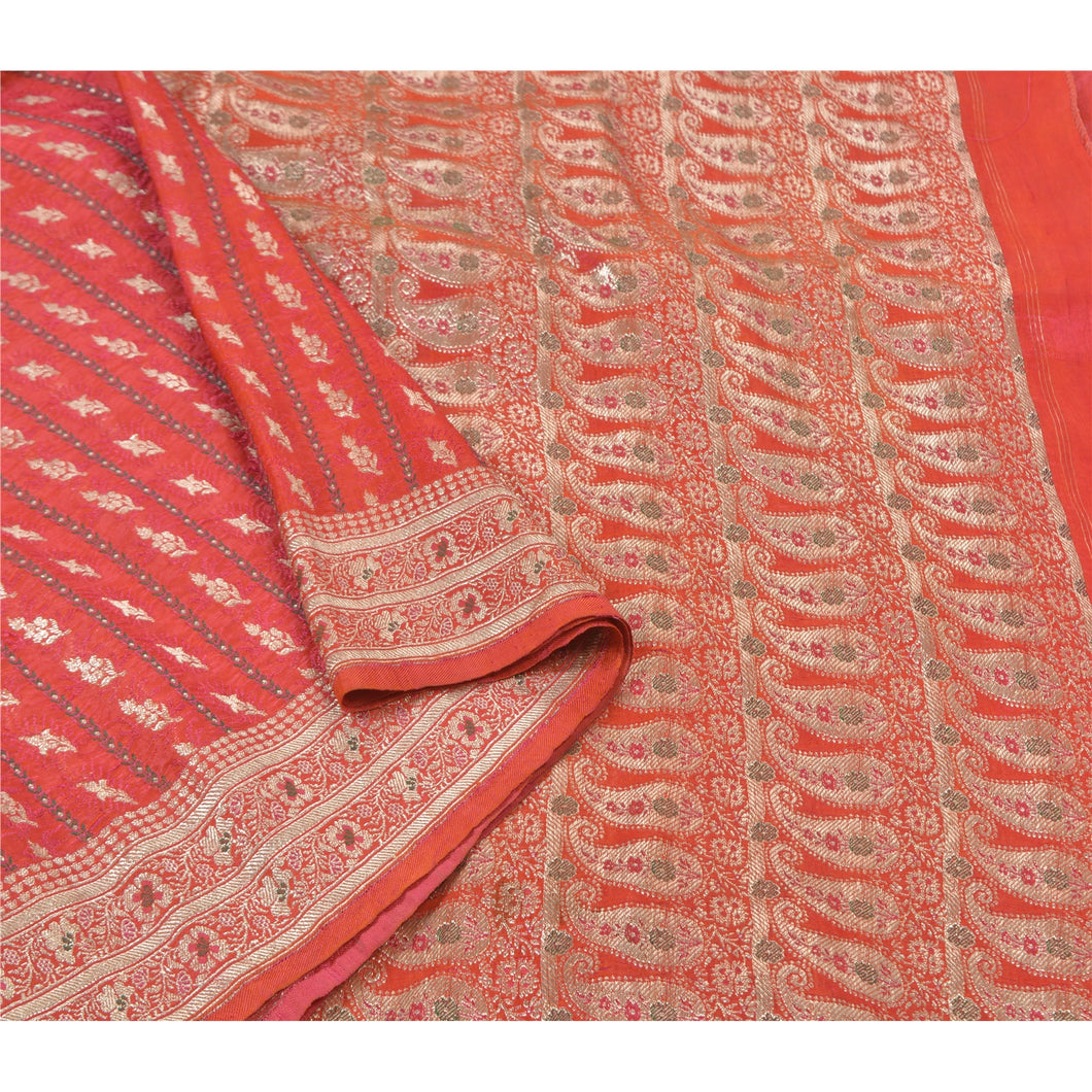 Sanskriti Vintage Heavy Sarees Pure Satin Silk Red Banarasi Tanchoi Sari Fabric