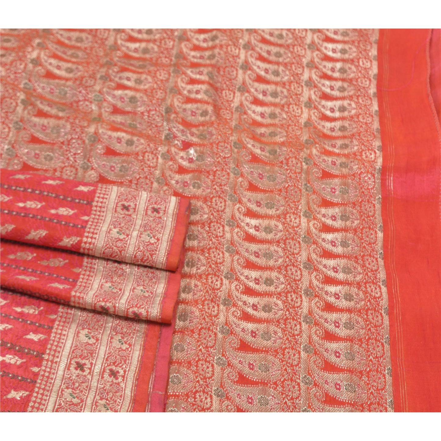 Sanskriti Vintage Heavy Sarees Pure Satin Silke Red Banarasi Tanchoi Sari Bæredygtigt stof